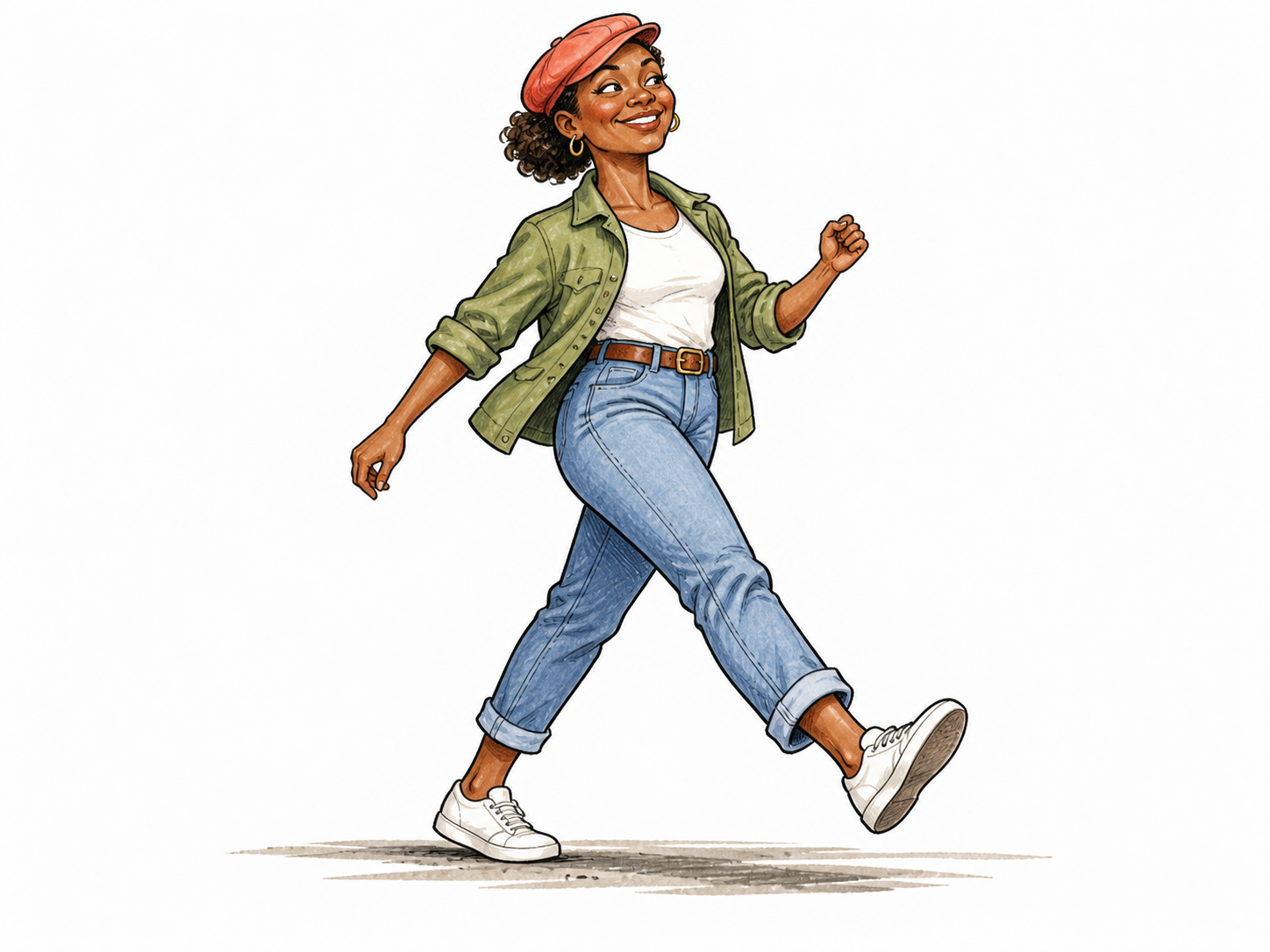 Cheerful adult walks with a jaunty lifted step, jaunty tilted cap and swinging arm, confident smile, simple ground stroke.