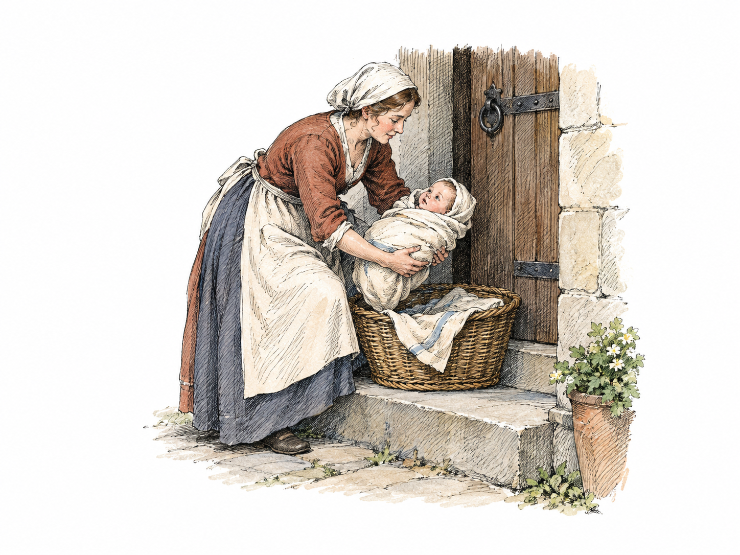 A concerned caregiver discovers a bundled infant in a basket at a doorway and gently lifts the baby to safety; no parents present, no written note or melodramatic suffering.