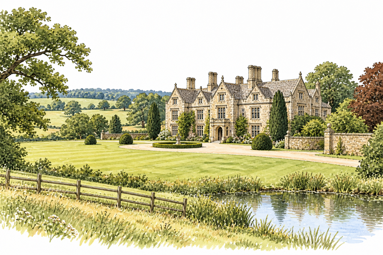 A large English country manor house with surrounding lawns, fields and trees, main house and estate clearly visible, no lettering.