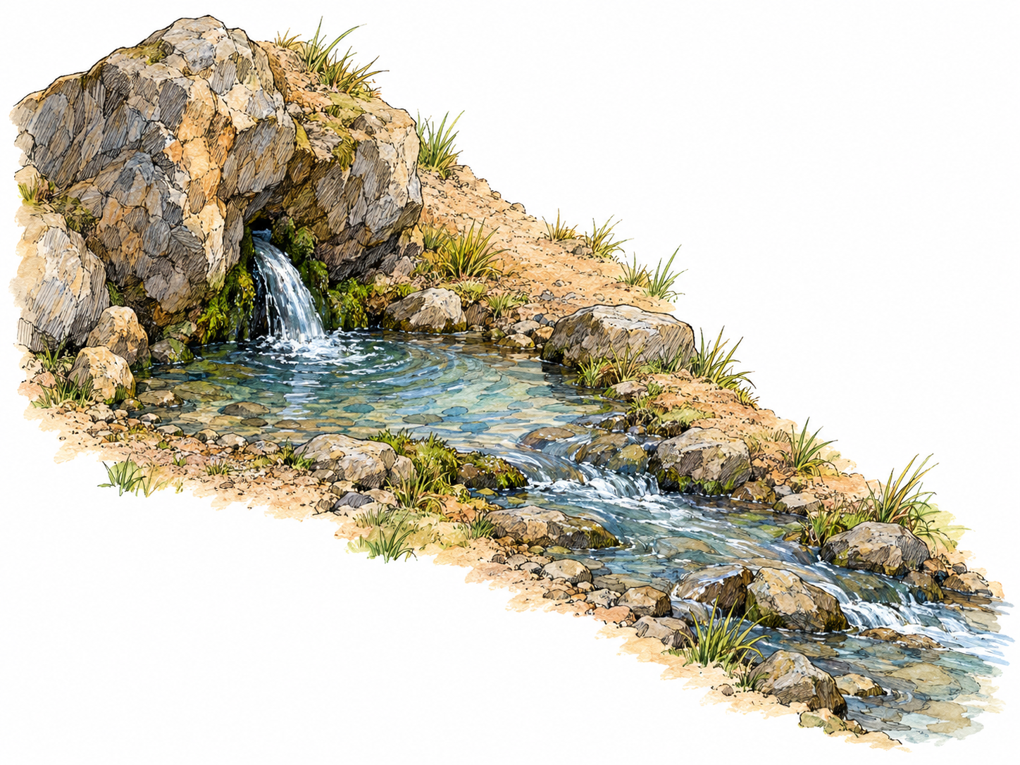 A natural spring visibly emerging from a small opening in rock and becoming a flowing stream, making the stream’s point of origin concrete.