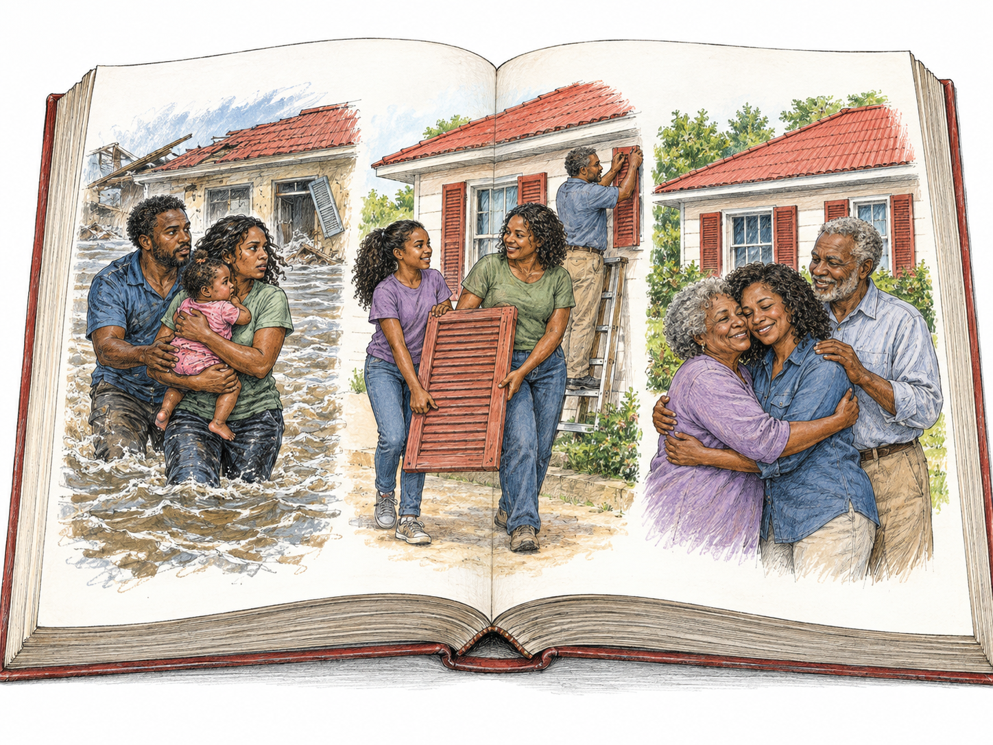 A substantial illustrated family chronicle lies open to three connected scenes spanning a family's life: young parents escape a flooded home with their infant, the same family rebuilds years later, and the now-elderly parents reunite with their grown daughter at the restored home.