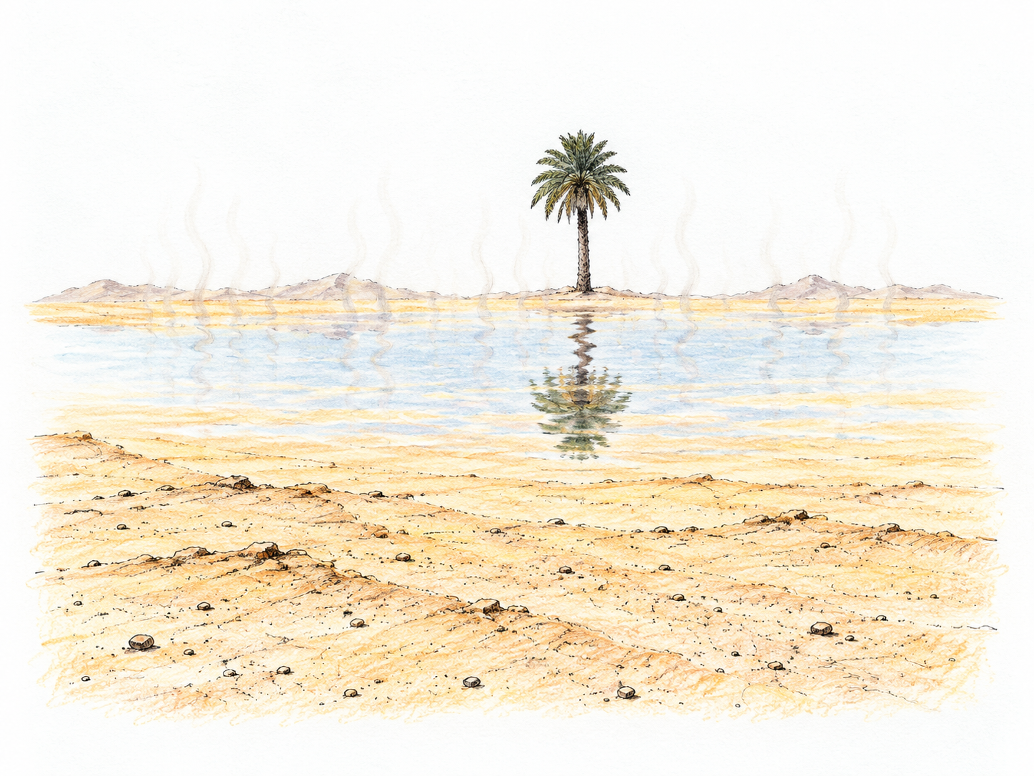Desert optical mirage: small isolated stretch of hot pale sand, lone distant palm appears inverted in shimmering apparent water that dissolves into dry foreground; visible heat wavering, sparse white surround.