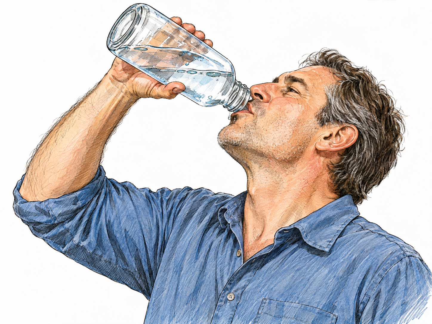 A man takes a hearty gulp of water directly from a clear bottle, his head tipped back and the bottle raised steeply, emphasizing a large mouthful rather than a delicate sip.