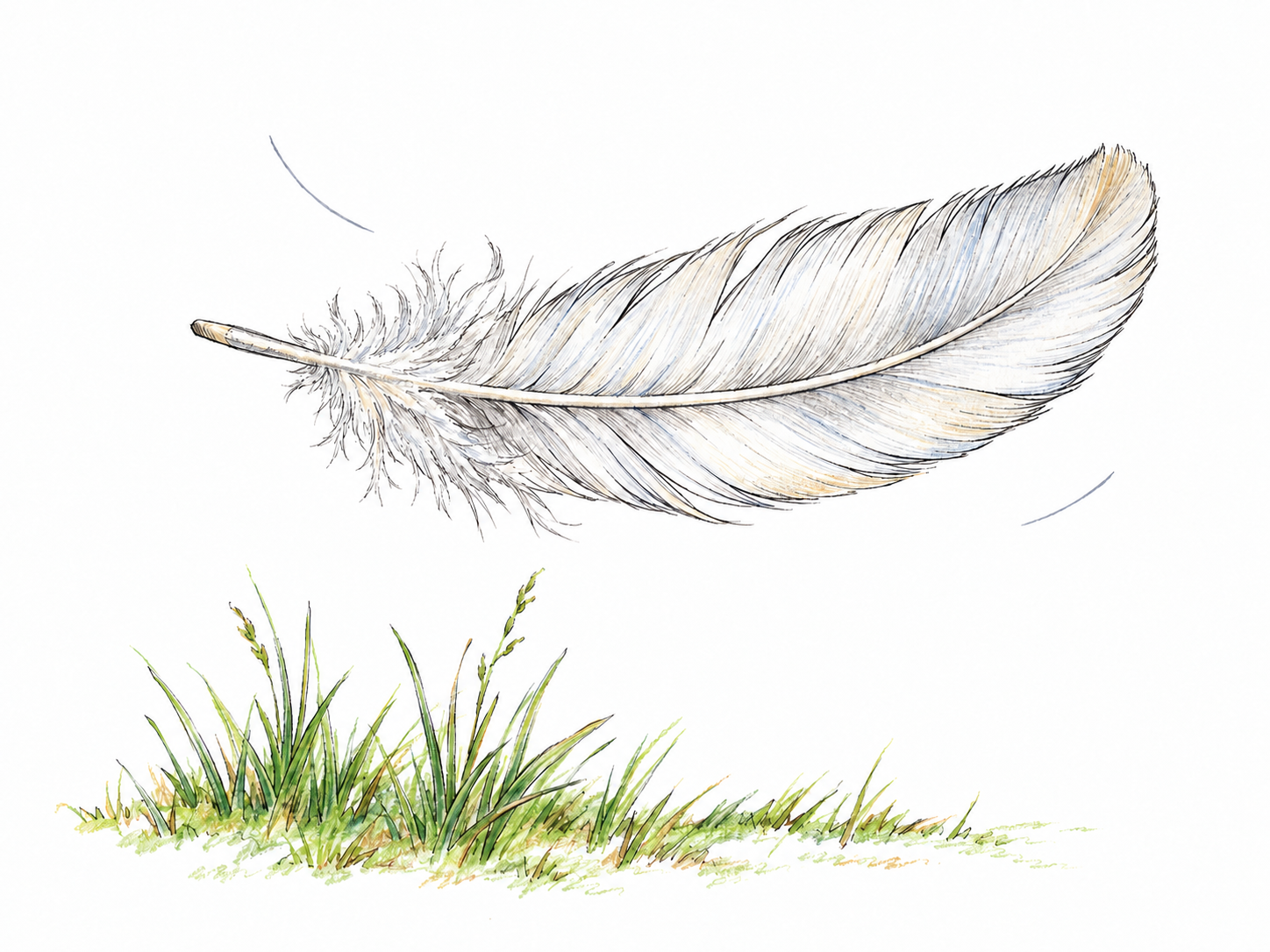 A delicate white feather drifts gently through the air above a small patch of grass, with a softly curved path suggested by its tilted posture and two subtle pen strokes.