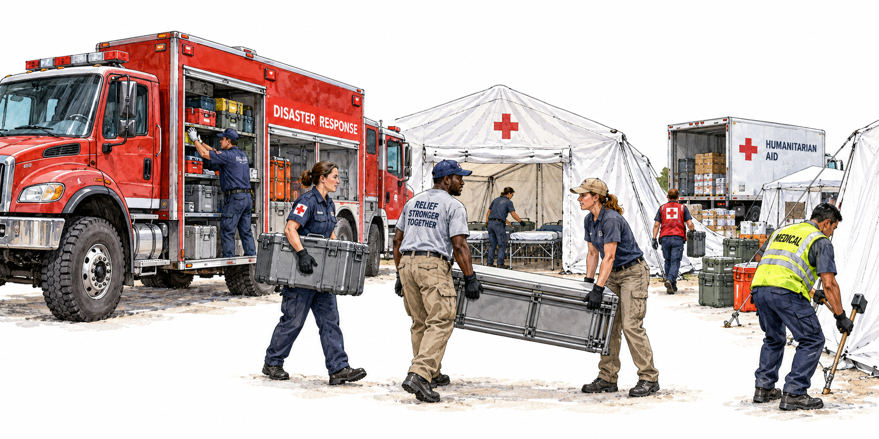 Emergency response trucks and medical tents being set up at relief site by diverse responders.