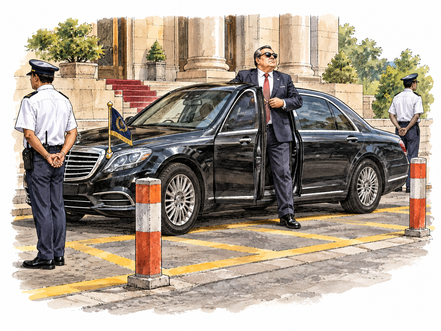 Powerful official openly parks across a restricted lane while attendants ignore the violation, showing escaping punishment.