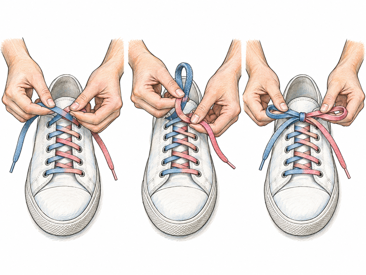 A young woman demonstrates the practical mechanics of tying a bow knot: three closely framed sequential views show the same hands crossing the laces, wrapping one lace around a loop, and tightening the finished bow.