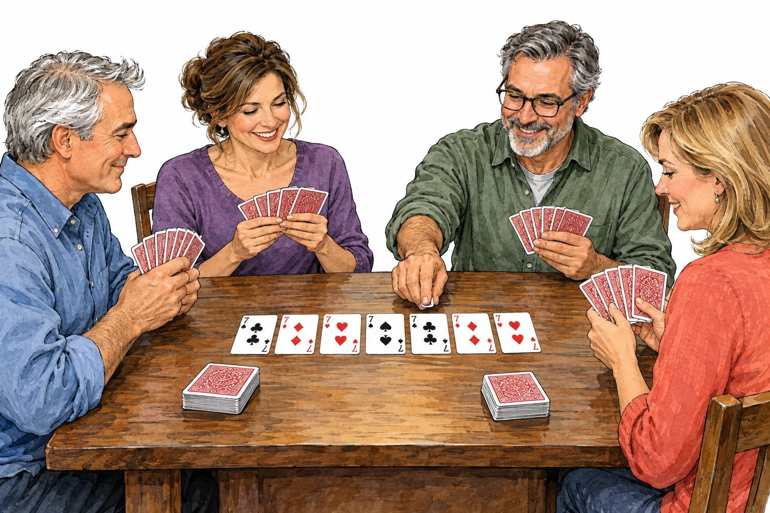 Four adults play canasta around table, clear meld of seven matching-rank cards, face-up 7s in different suits from two decks, remaining cards held.