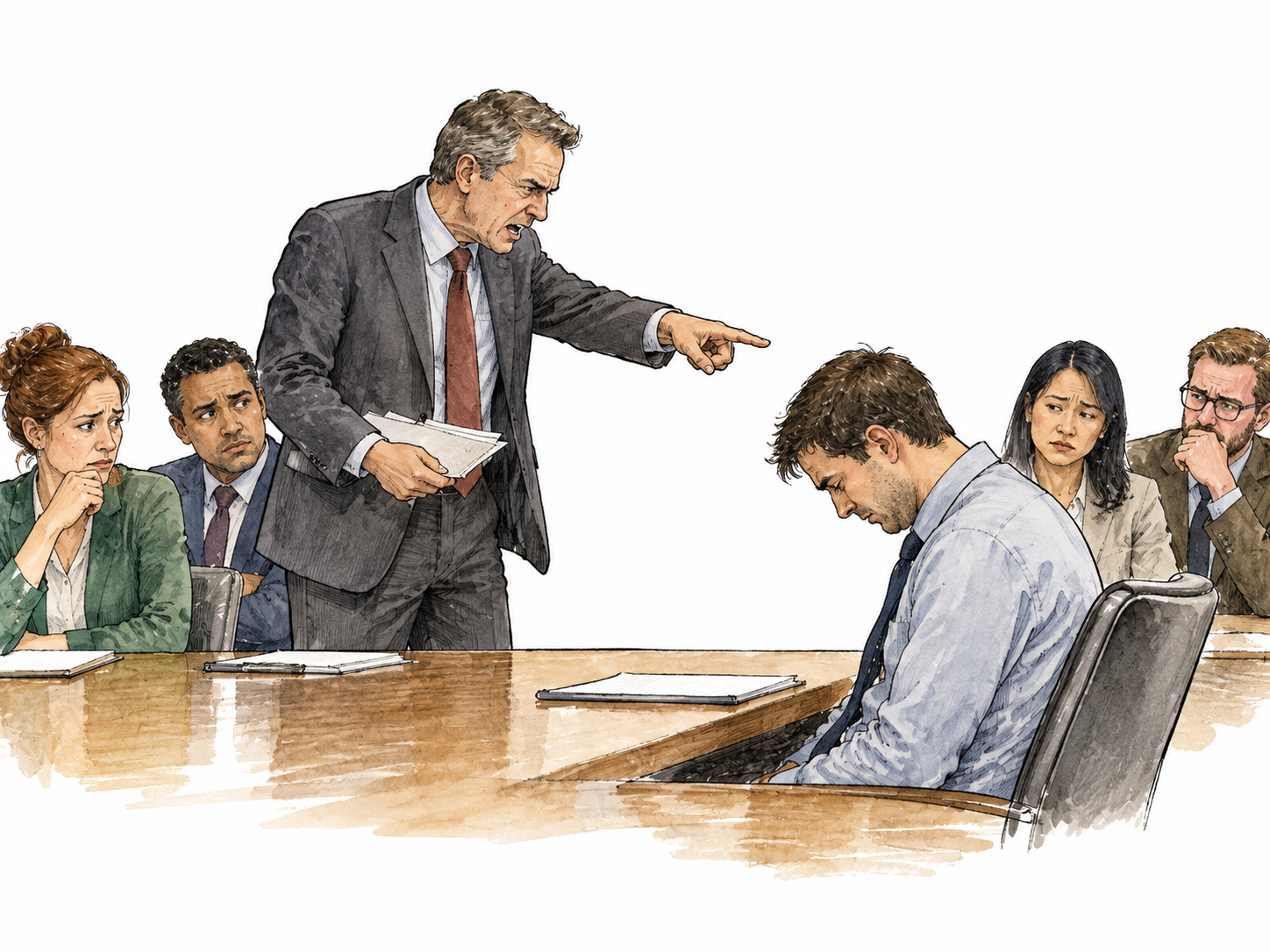 An adult office worker is publicly belittled by a pointing supervisor while colleagues look uncomfortable, critical respectful portrayal.