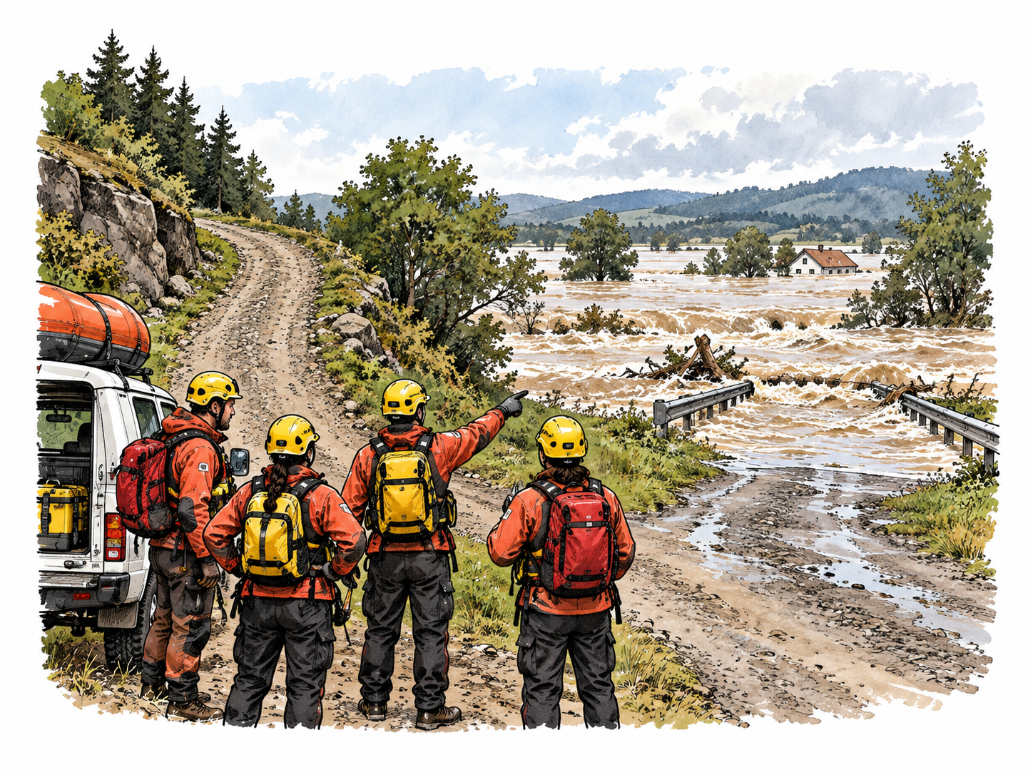 A rescue team pauses at decisive moment before choosing one of two routes around rising floodwater.