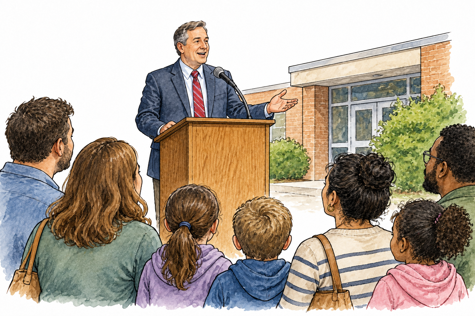 School principal publicly announces news at a microphone to attentive families.