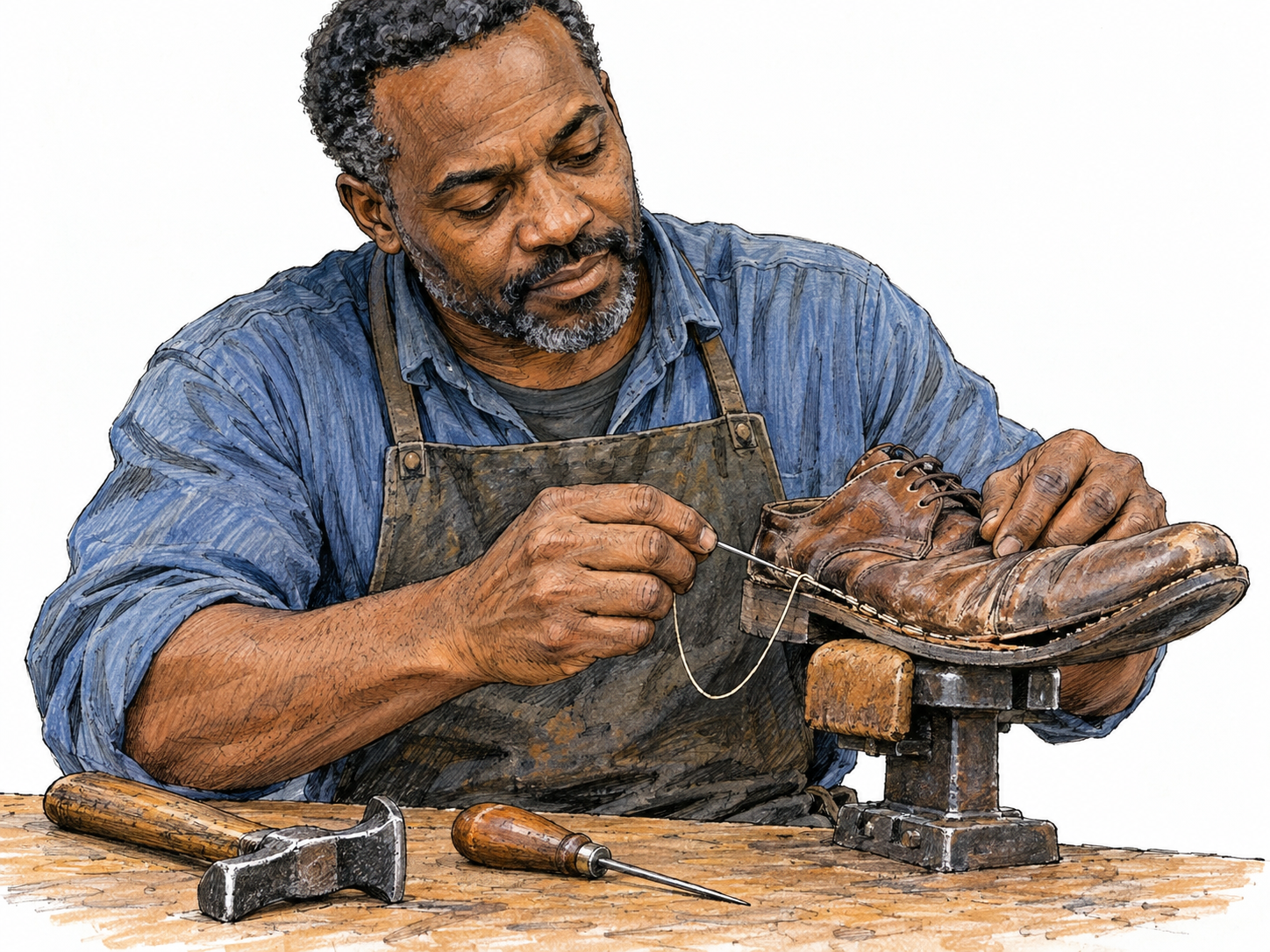 A shoe repairer stitches a visibly detached sole back onto a worn leather shoe at a small repair bench.