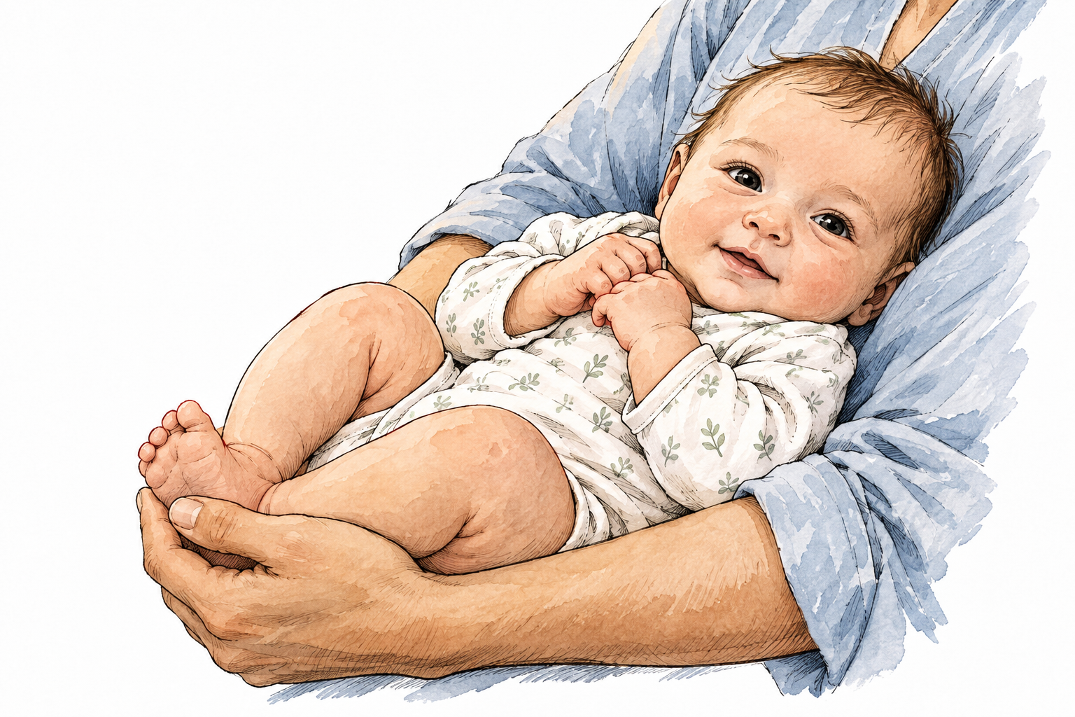 A very young baby cradled safely in adult arms, peaceful awake face and natural anatomy, no lettering.