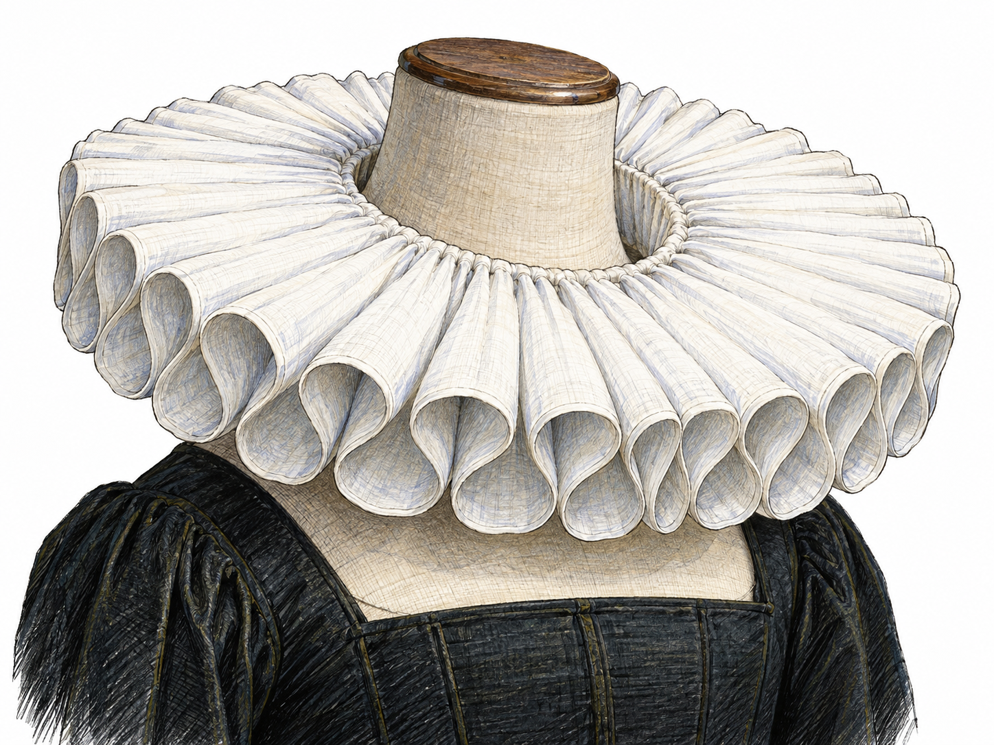 An isolated museum-style dress form wearing a prominent white linen ruff, with stiff, densely gathered folds encircling the neck above a plain dark period bodice.