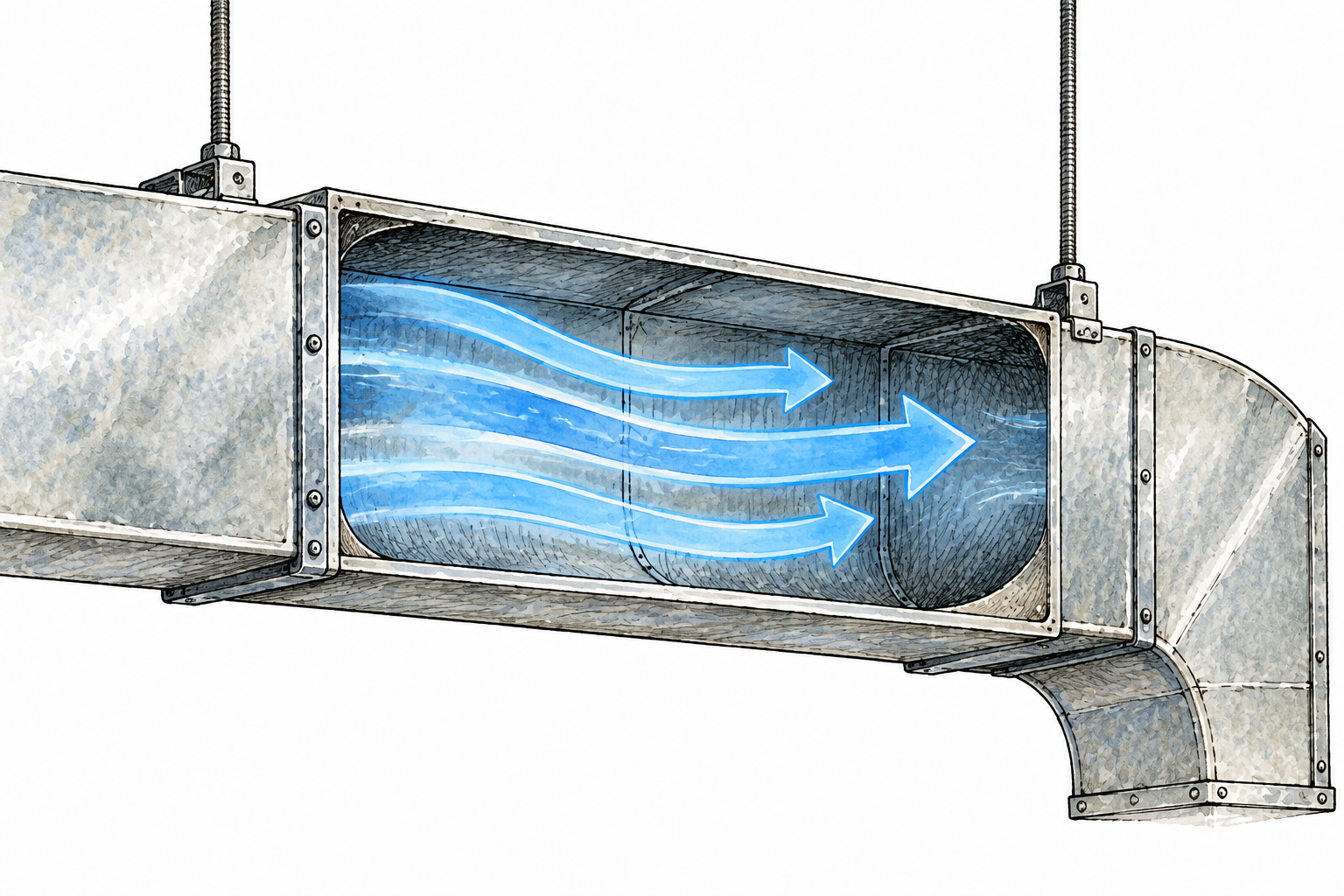 A short cutaway section of building ventilation duct carries blue airflow arrows along its hollow interior.