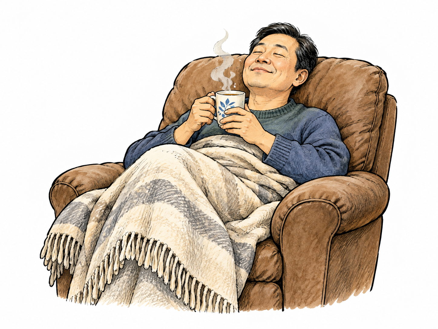 Adult reclines comfortably in a deep padded chair with soft blanket, eyes closed savoring warmth and tea, no other room scenery.