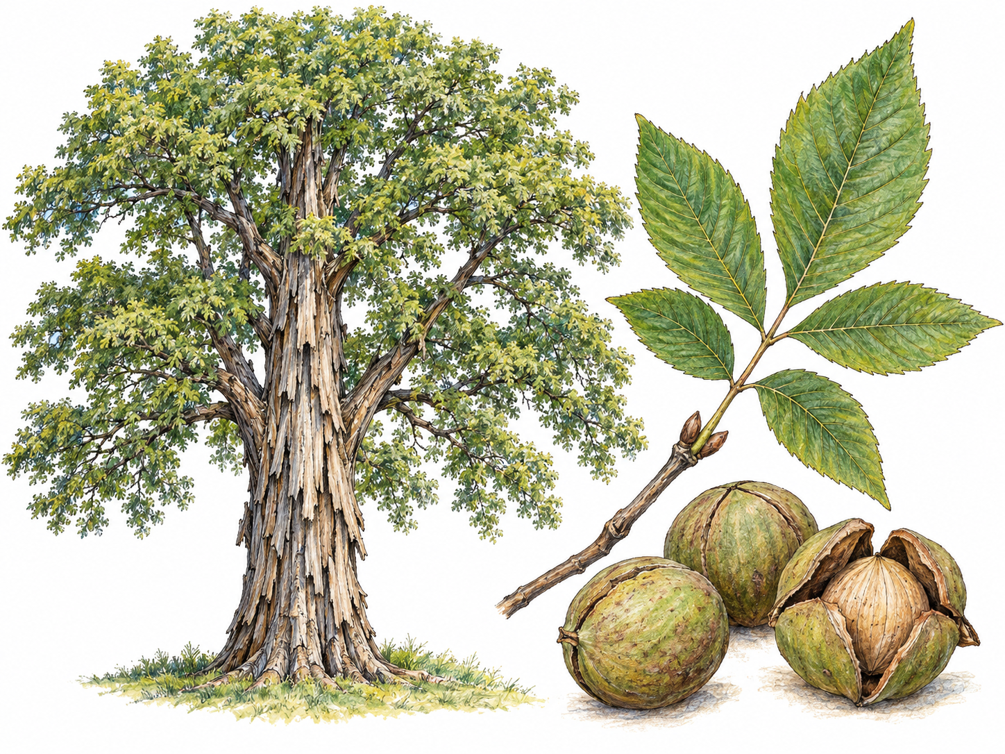 A recognizable shagbark hickory tree with peeling bark, accompanied by a close foreground branch bearing compound leaves and thick-husked nuts.