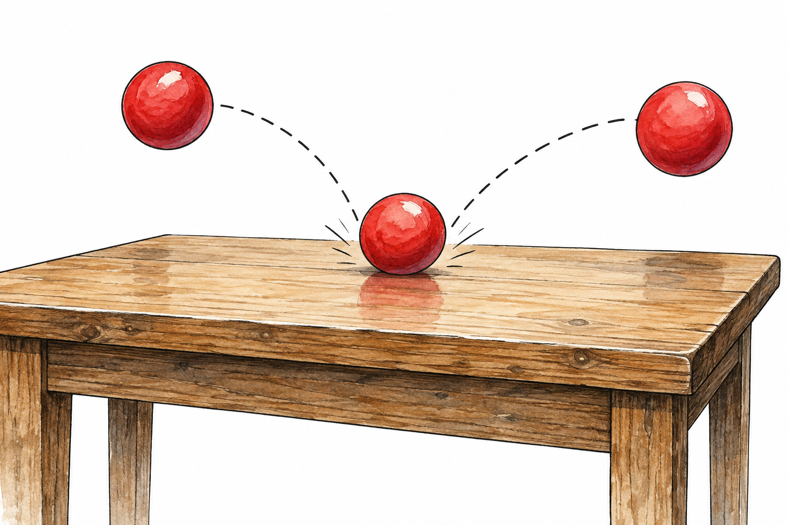 Red ball shown in three successive positions along curved arc, motion trajectory across table.