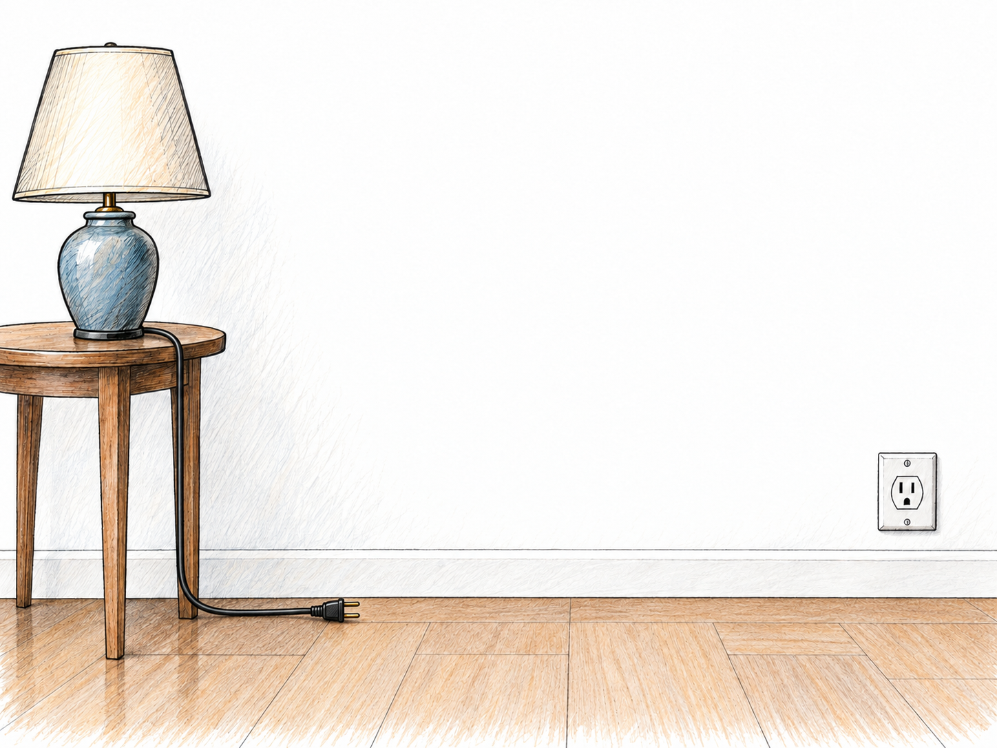 A lamp's power cord is stretched toward a wall socket but ends visibly short of it, making the insufficient length immediately apparent.