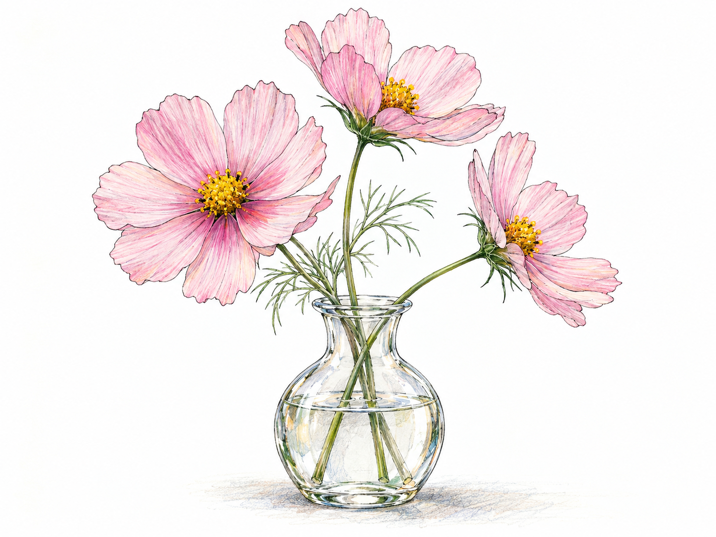 A small, graceful arrangement of pale pink cosmos flowers in a simple clear bud vase, emphasizing delicate scalloped petals, slender stems, and a pleasing airy silhouette.