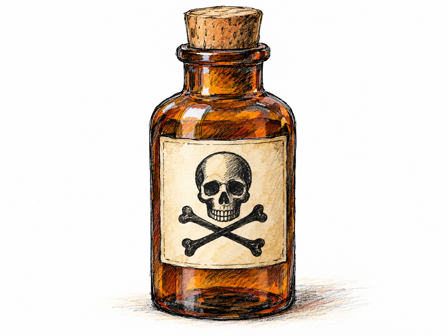 A small stoppered poison bottle bearing a prominent skull-and-crossbones hazard pictogram, making its potentially fatal contents immediately recognizable.