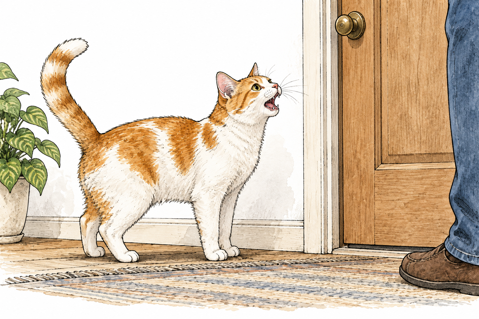 White-and-orange domestic cat meows at its owner by a closed door, mouth open naturally, no writing.