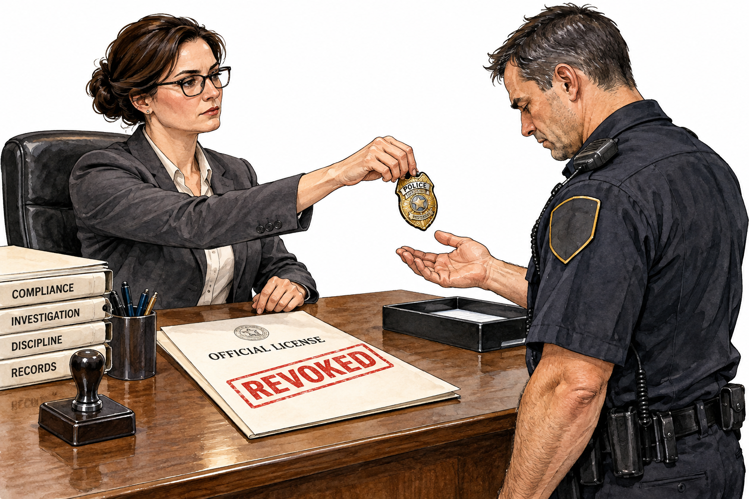 Official license stamped REVOKED in bold red on desk, clerk withdrawing badge.