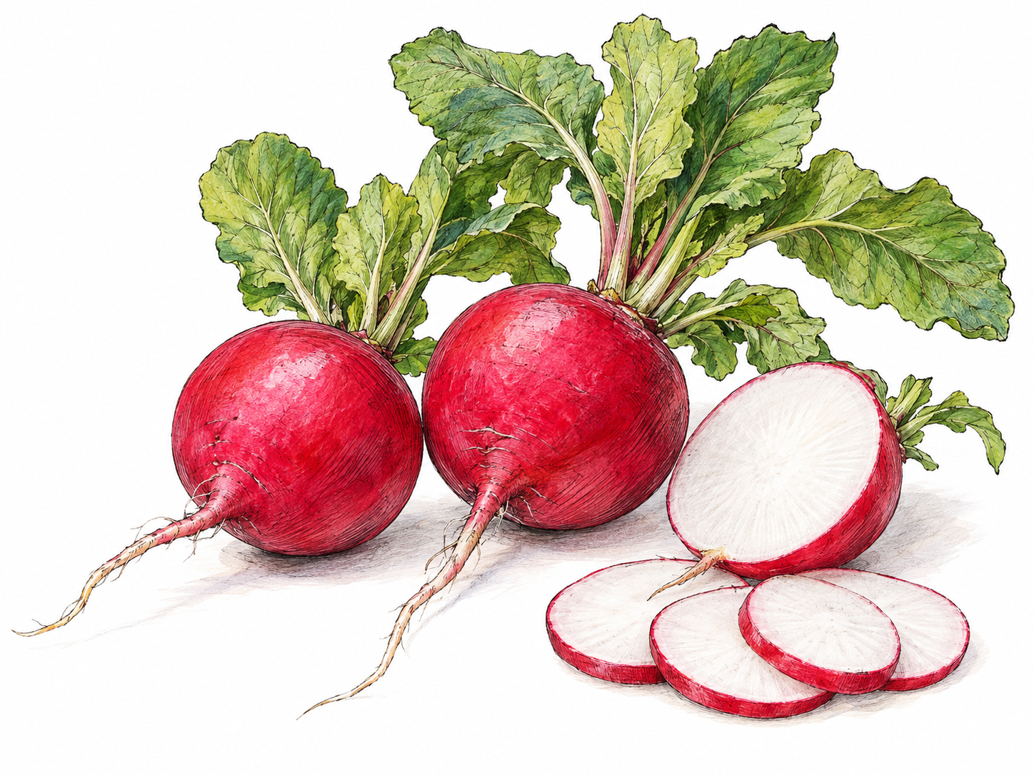 Fresh red radishes with leafy tops and slender root tips, including one cut open to reveal its crisp white interior and a few thin raw slices.