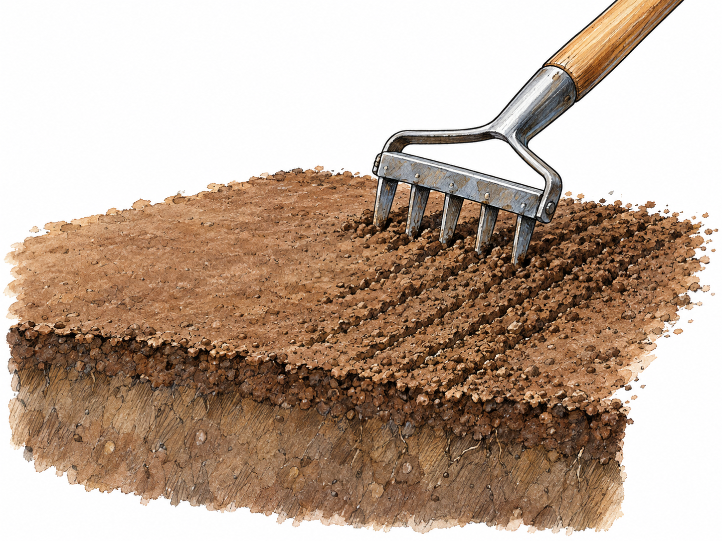 Close-up of a hand scarifying tool drawing several shallow parallel cuts through a compacted soil surface.