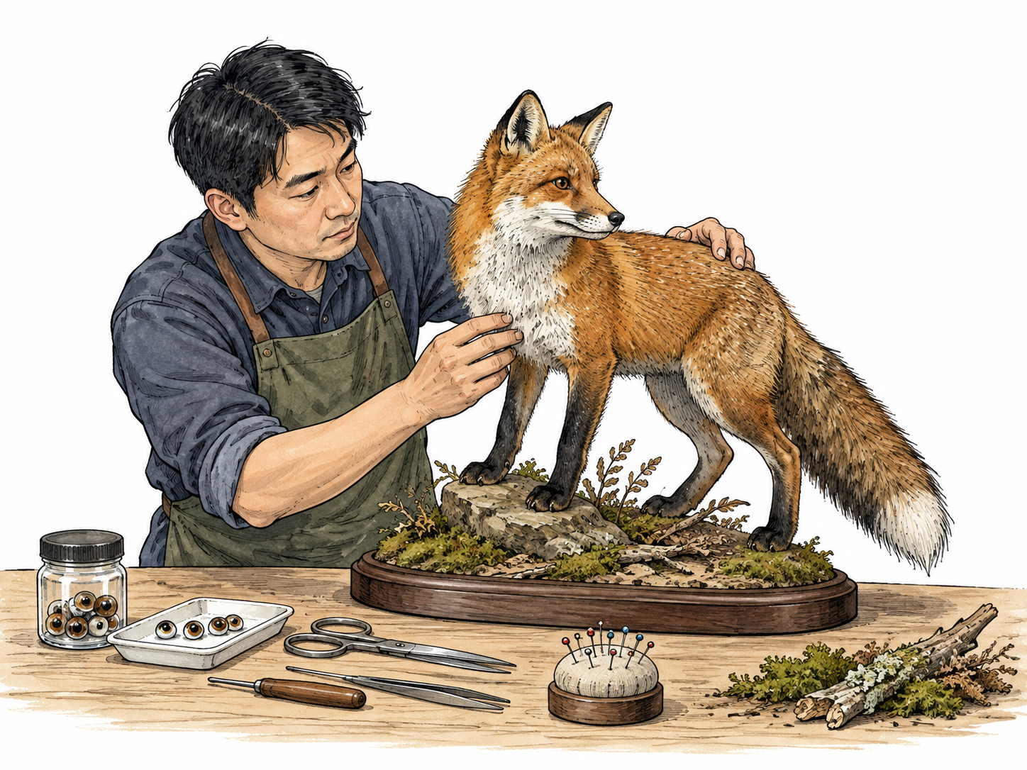 A museum preparator carefully arranges an already prepared fox specimen on a display base, no skinning, blood, cuts or exposed flesh; sewing tools and glass eyes on a plain workbench establish the preservation craft.
