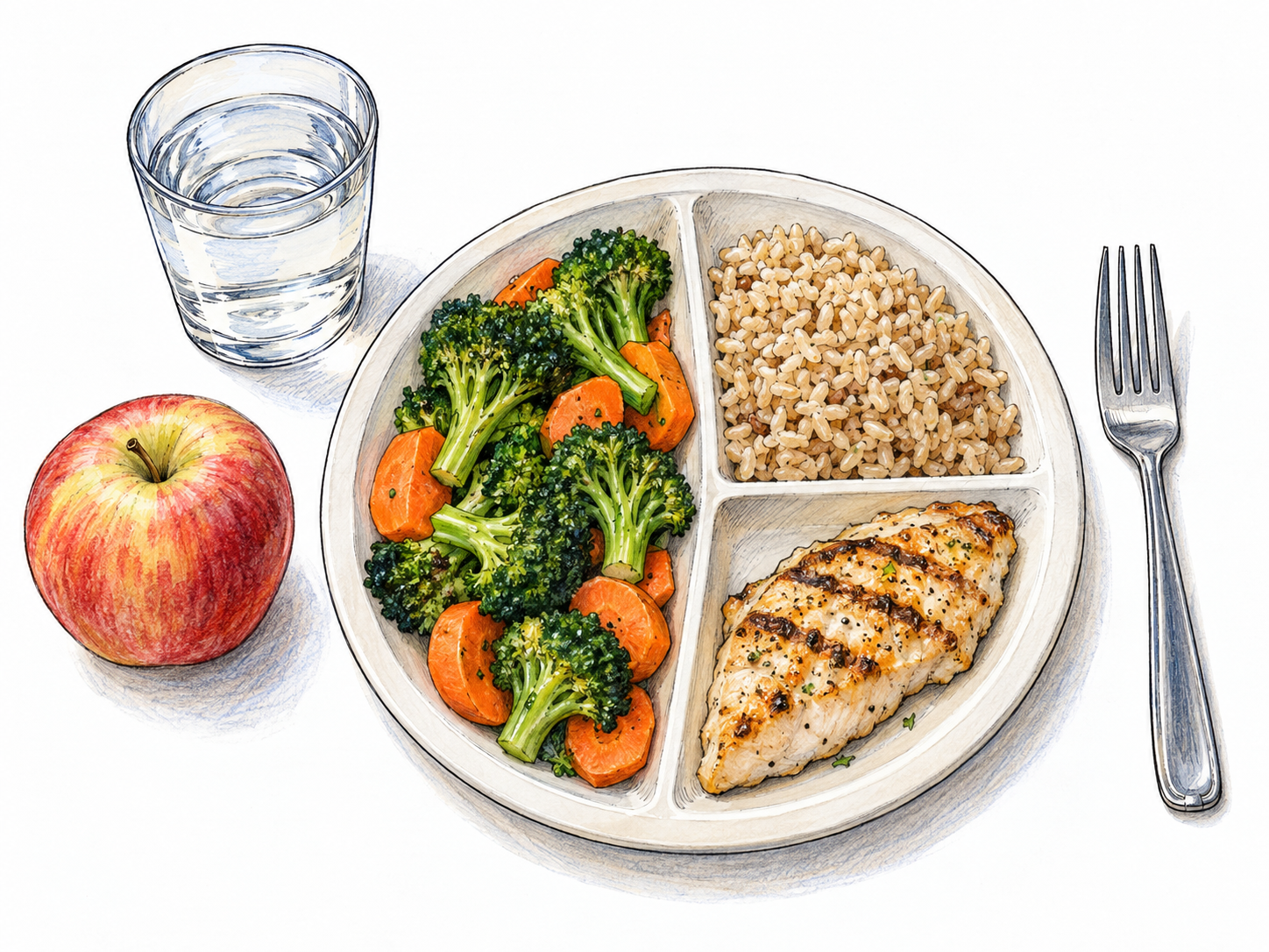A simple overhead food arrangement centered on a divided dinner plate containing vegetables, whole grains, and grilled fish, with fruit and a glass of water alongside.