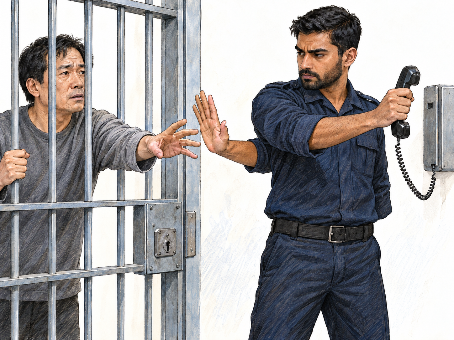 A detained man behind a locked cell door reaches toward a telephone handset, but an officer outside holds it out of reach and firmly blocks access with his other hand.