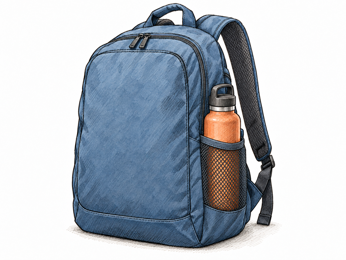 A backpack in three-quarter view with a water bottle held in its clearly visible side pocket, emphasizing a feature located at the side rather than the front.