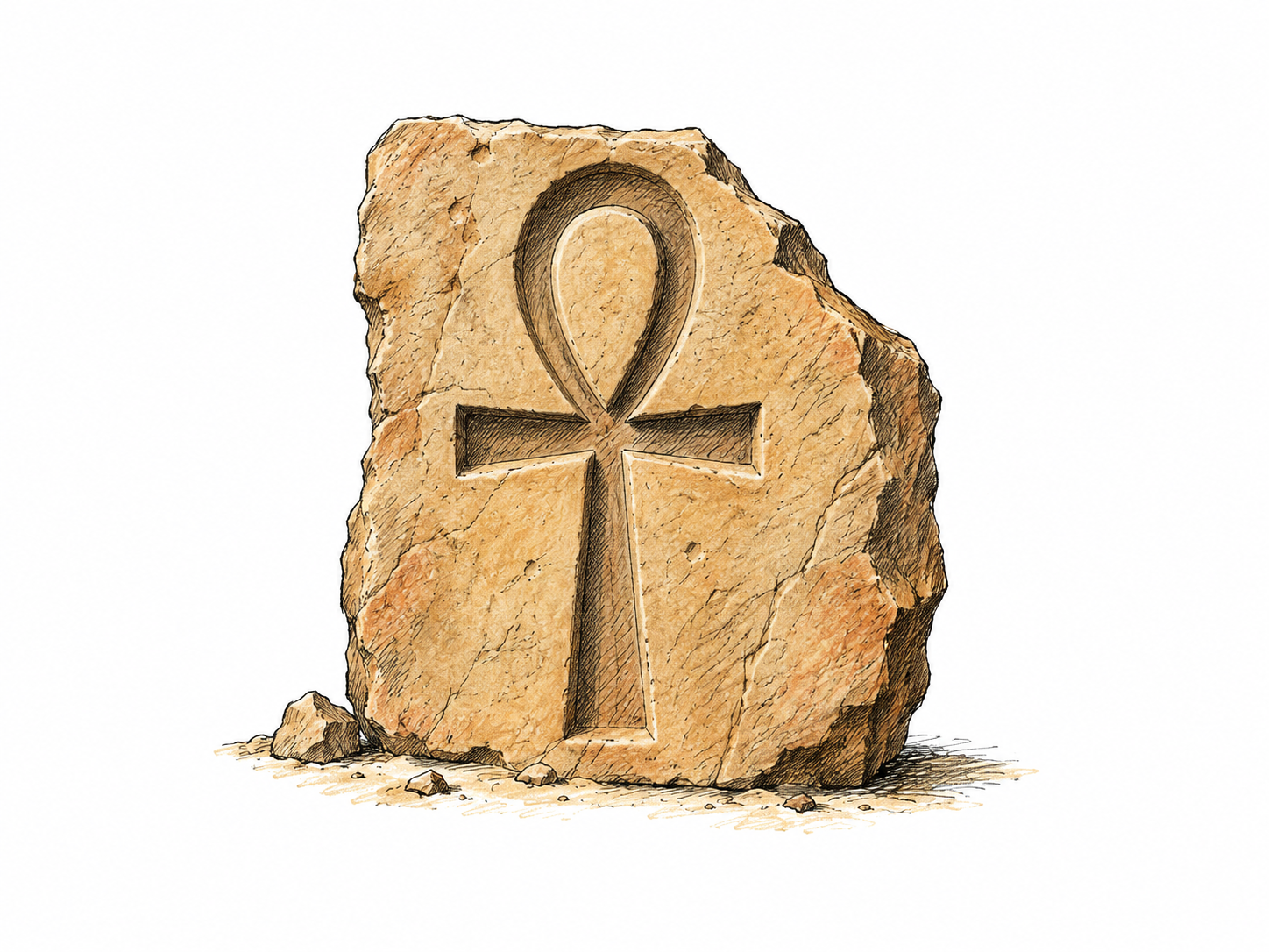 A single ancient Egyptian ankh hieroglyph carved into a small sandstone fragment: one closed oval loop above a crossbar and long vertical stem, clean correct shape.