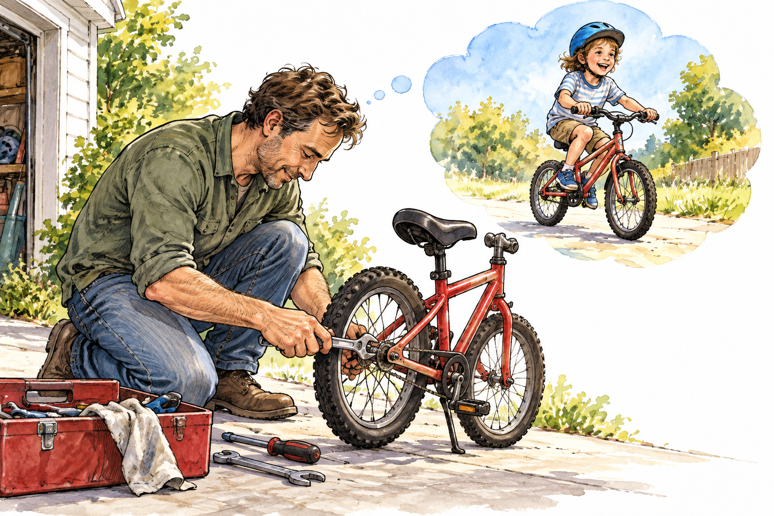 A parent works carefully repairing a bicycle while thinking of their child happily riding it, reason motivating action.