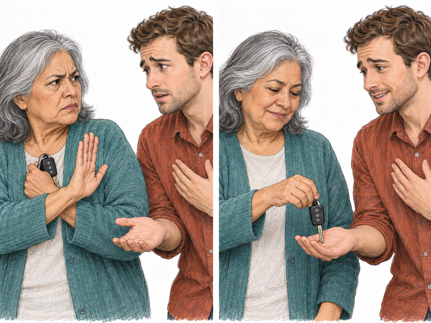 A text-free two-panel sequence shows an older woman first refusing a young man's request for car keys, then softening and handing them over while he keeps his pleading posture.