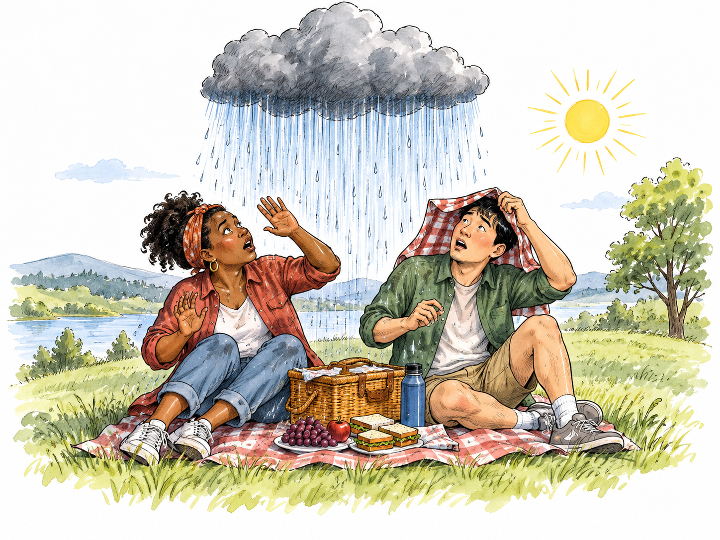 A bright picnic suddenly interrupted by one unexpected small raincloud dumping rain while surrounding landscape stays sunny; startled picnickers look up, unpredictable weather change.