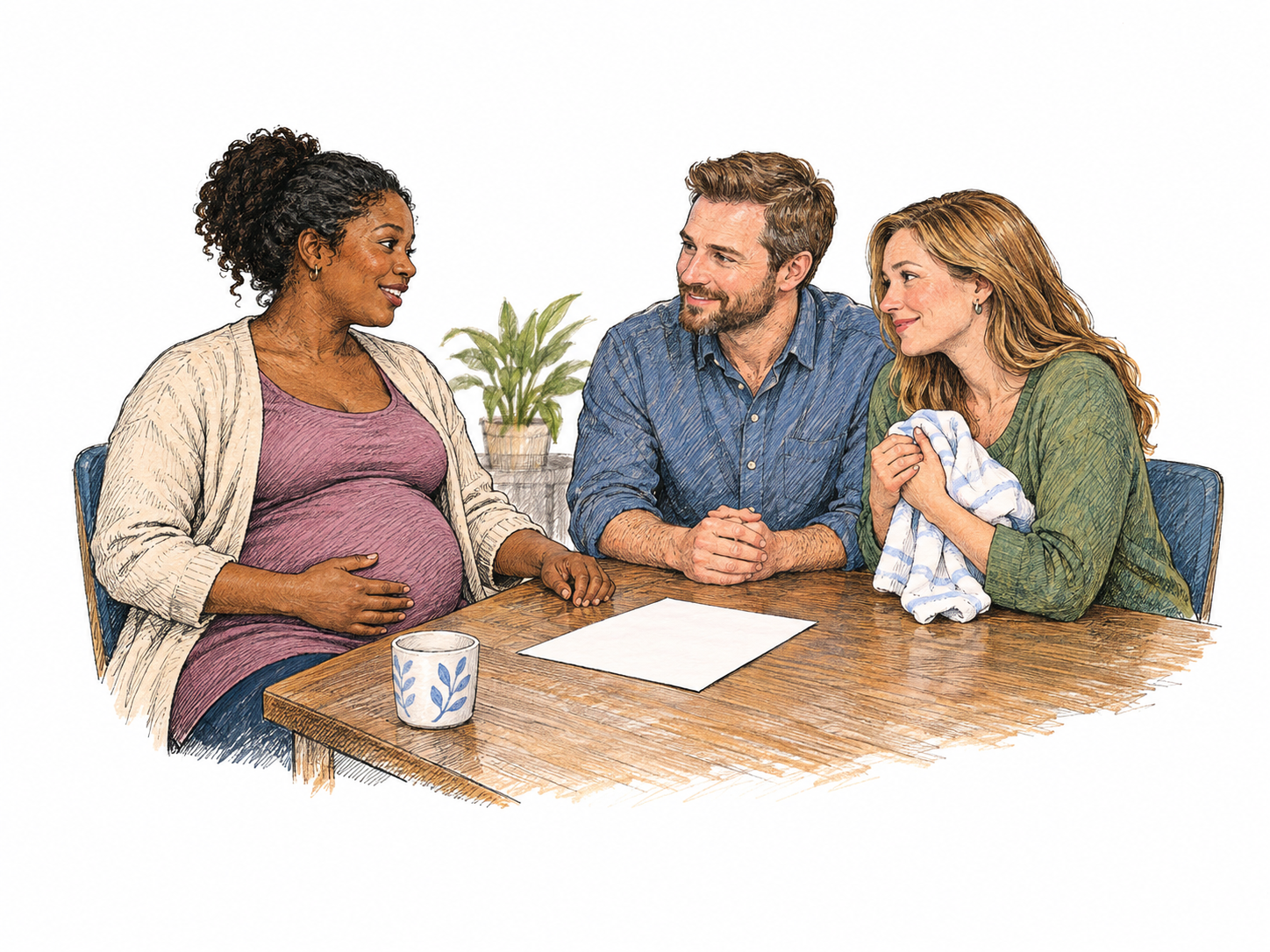 A visibly pregnant woman meets with the intended parents at a calm counseling table; she gently rests a hand on her belly while the couple holds a small empty baby blanket and listens with gratitude.