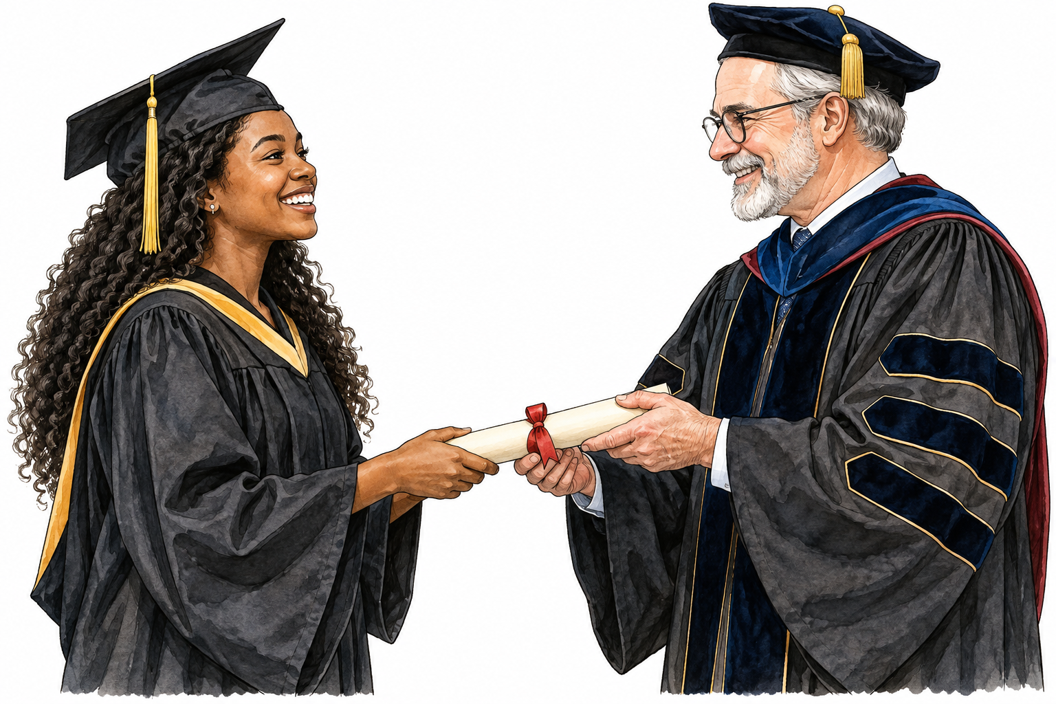 Diverse graduate in cap and gown proudly receives university degree diploma from professor, academic title.