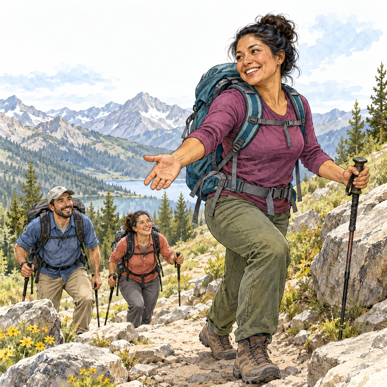 A tired adult Latina mountain hiker smiles with renewed energy and encourages companions along a safe trail.