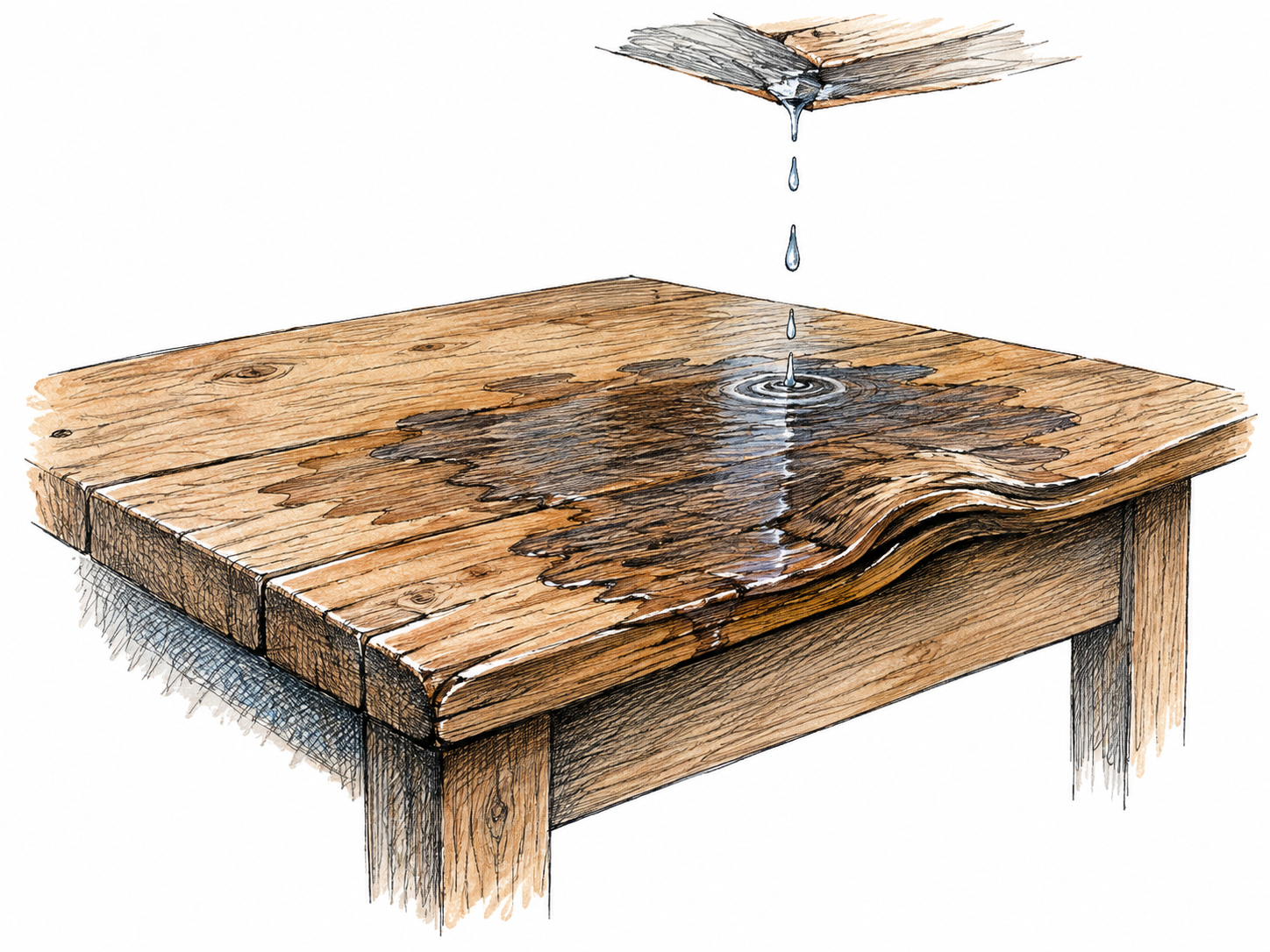 Leaking roof water damages a wooden tabletop, dark swollen patch and warped edge show material harm, small drip from above, no full room.