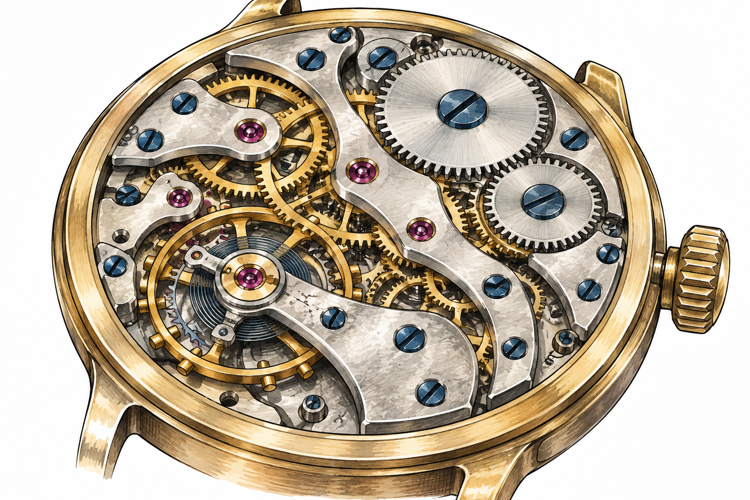 Close view of a finely crafted mechanical watch mechanism with many interacting gears and delicate springs, complex detailed assembly, no text.