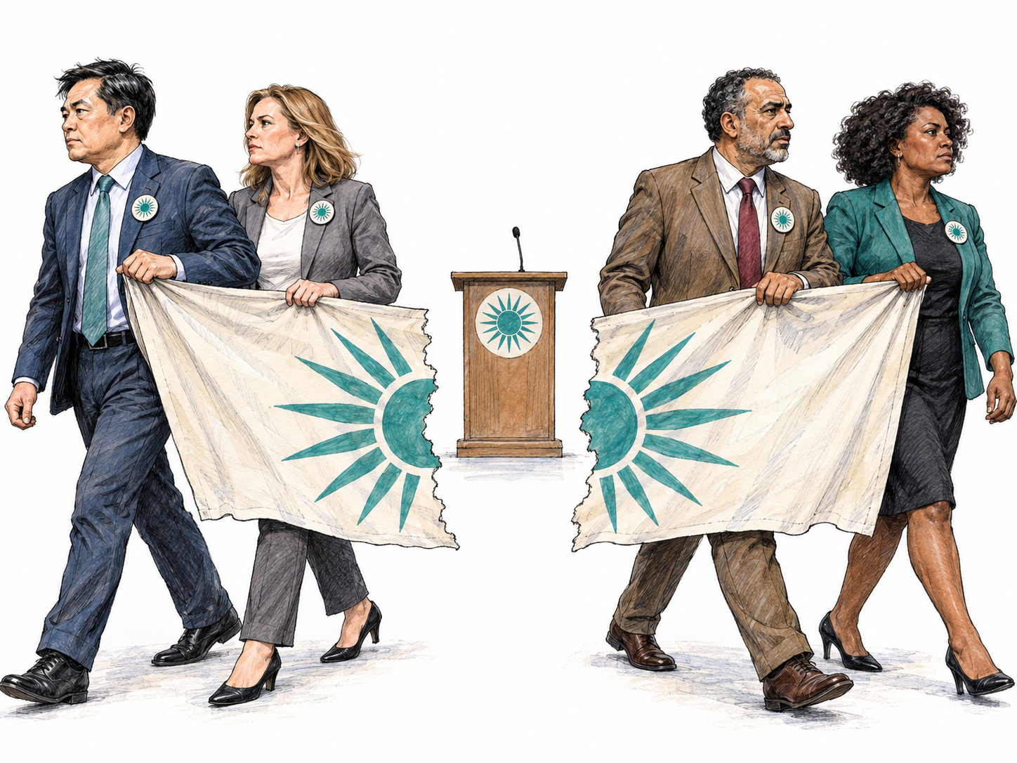 A political organization visibly breaks into two hostile factions: members wearing the same abstract party emblem turn their backs on one another and depart in opposite directions, each faction carrying one torn half of their formerly shared banner.