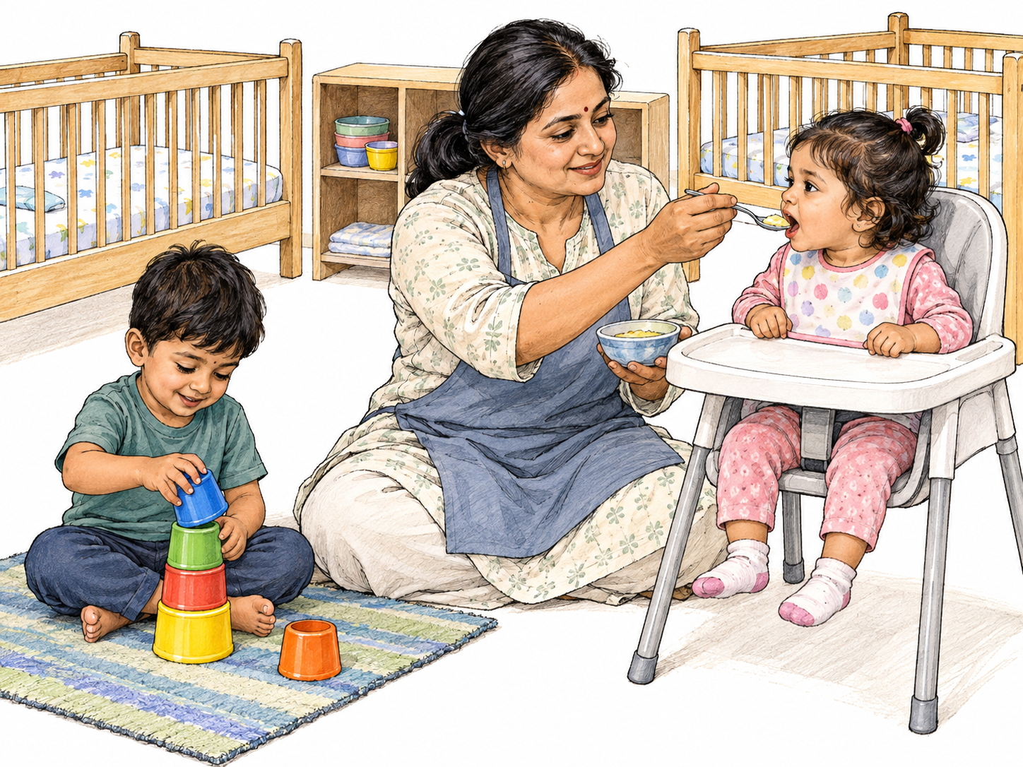 A South Asian nursery caregiver gently feeds a toddler while supervising a second small child beside matching nursery cots, making professional childcare rather than a generic family scene the focus.