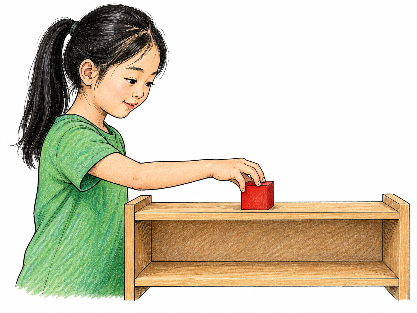 Child deliberately places a single red block onto the center of a low shelf, hand releasing object at intended spot, spare shelf and figure on white.