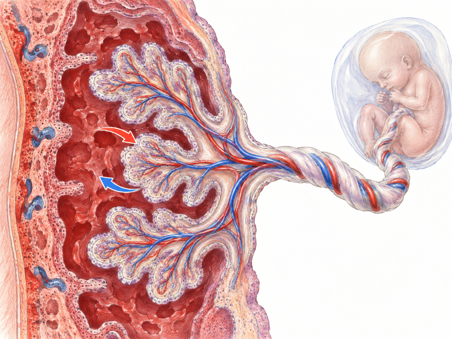 Placental villi and their connection to the fetus illustrate the nourishing placental interface.