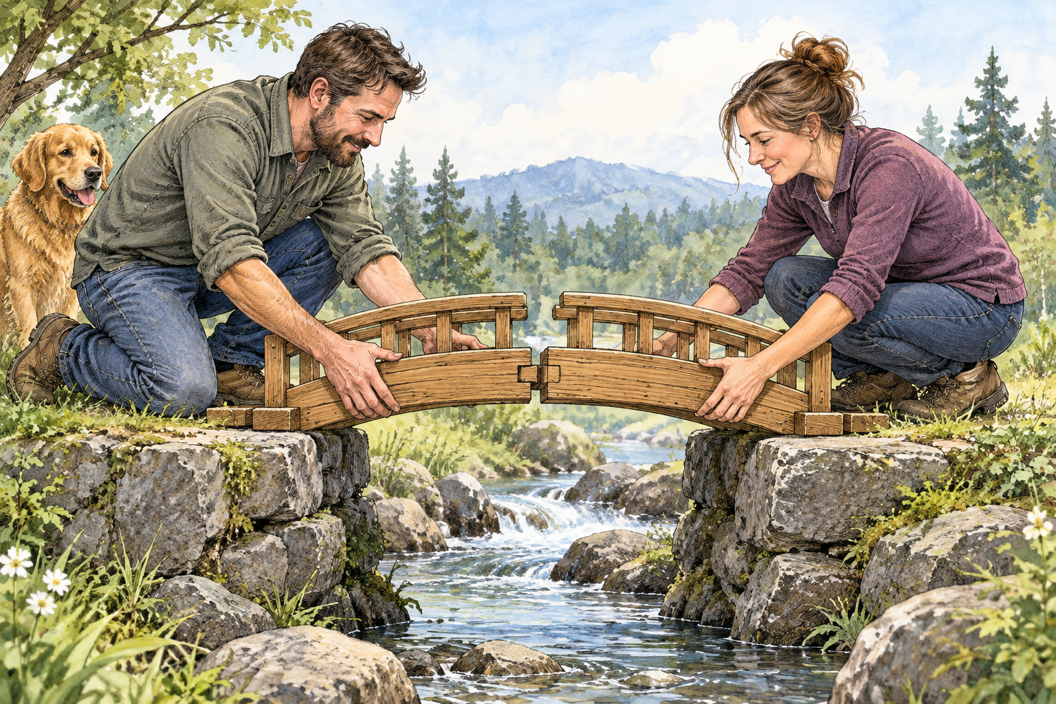 Two halves of a divided wooden toy bridge are carefully joined back together by two adults, reunited structure spans one small gap.
