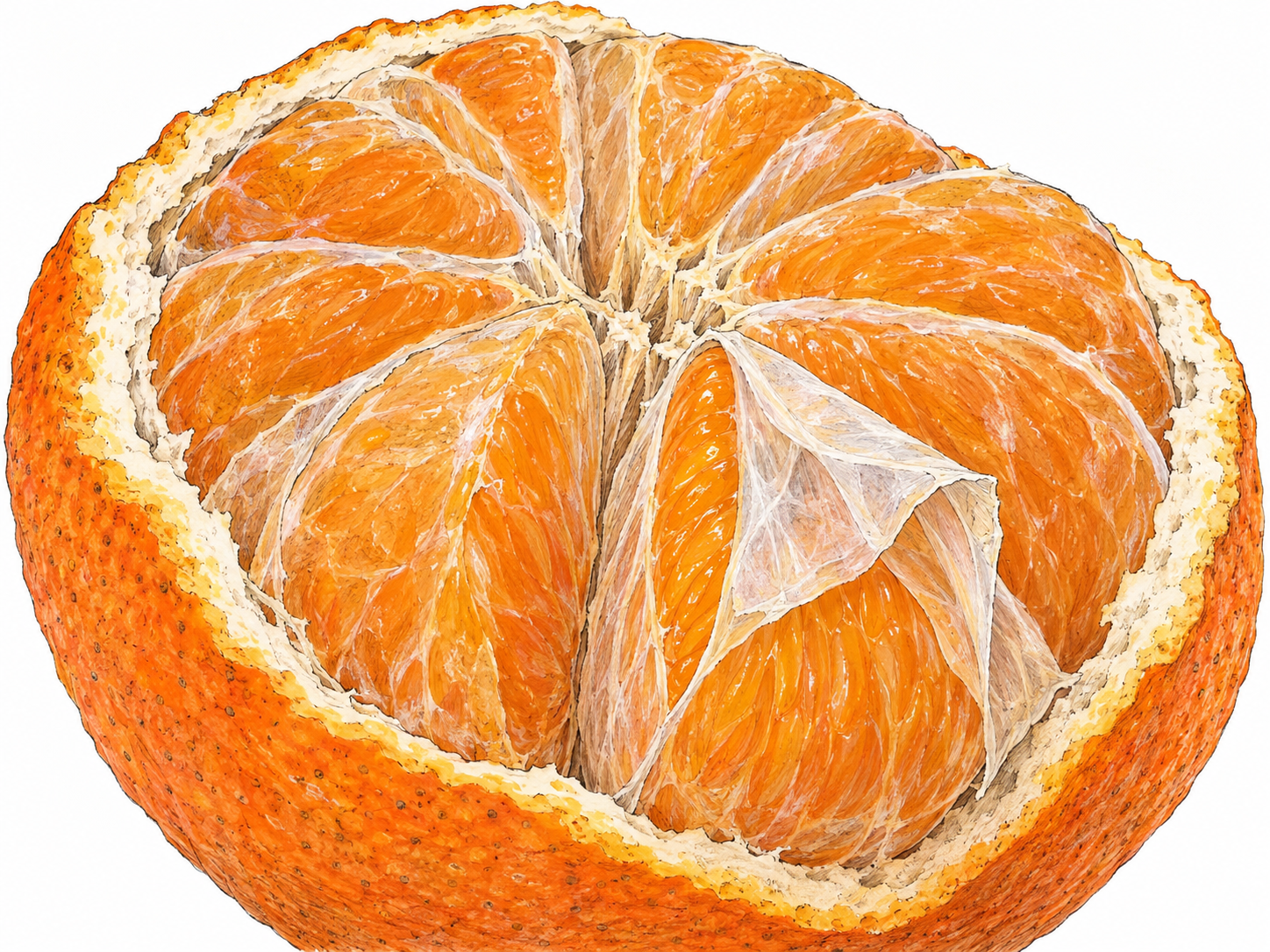 A close-up cut orange with adjacent segments gently pulled apart, exposing the thin translucent membranes that enclose the juicy flesh and separate neighboring compartments.