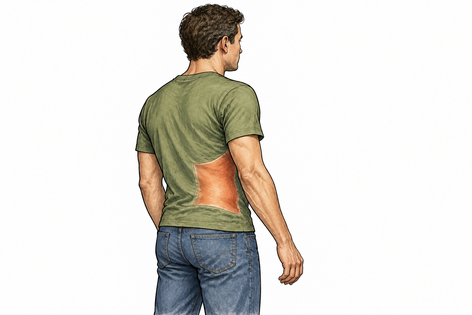 A plain clothed human figure side-back view with zone between ribs and hips indicated, anatomical body region.