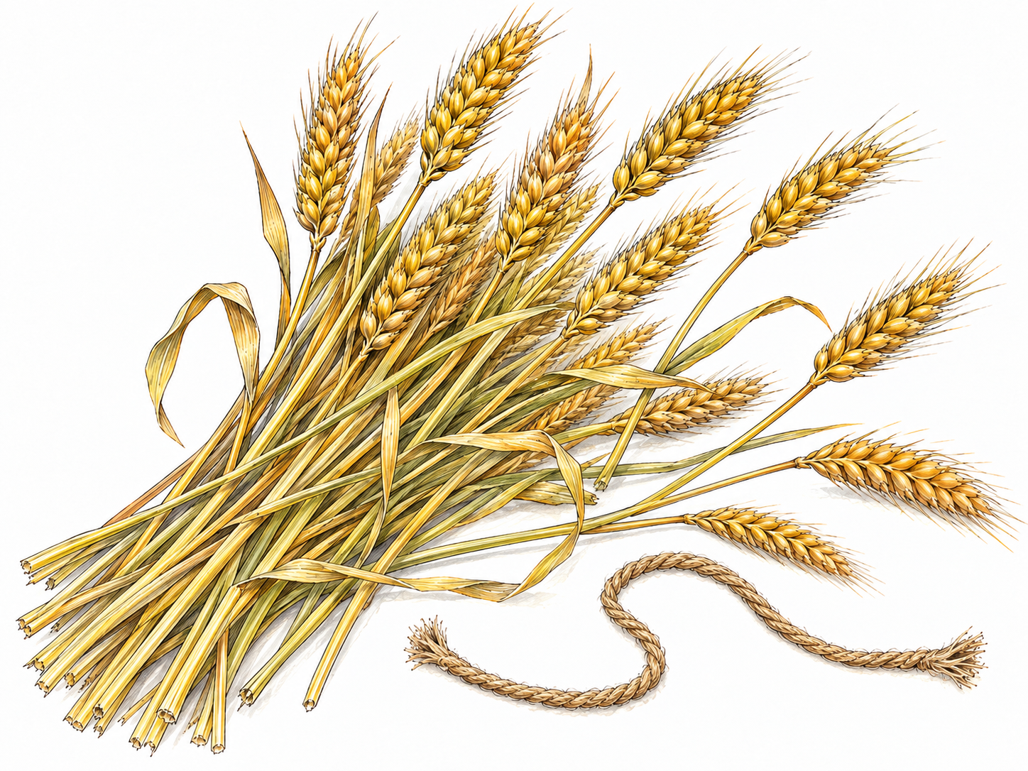 A loose sheaf of wheat lies spread open beside an untied binding cord, with separate stalks visibly free of any fastening.